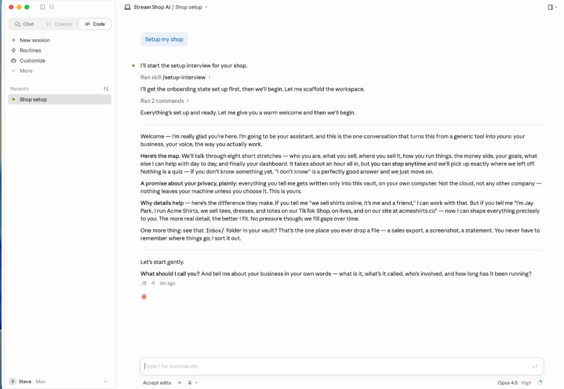 The Stream Shop setup conversation