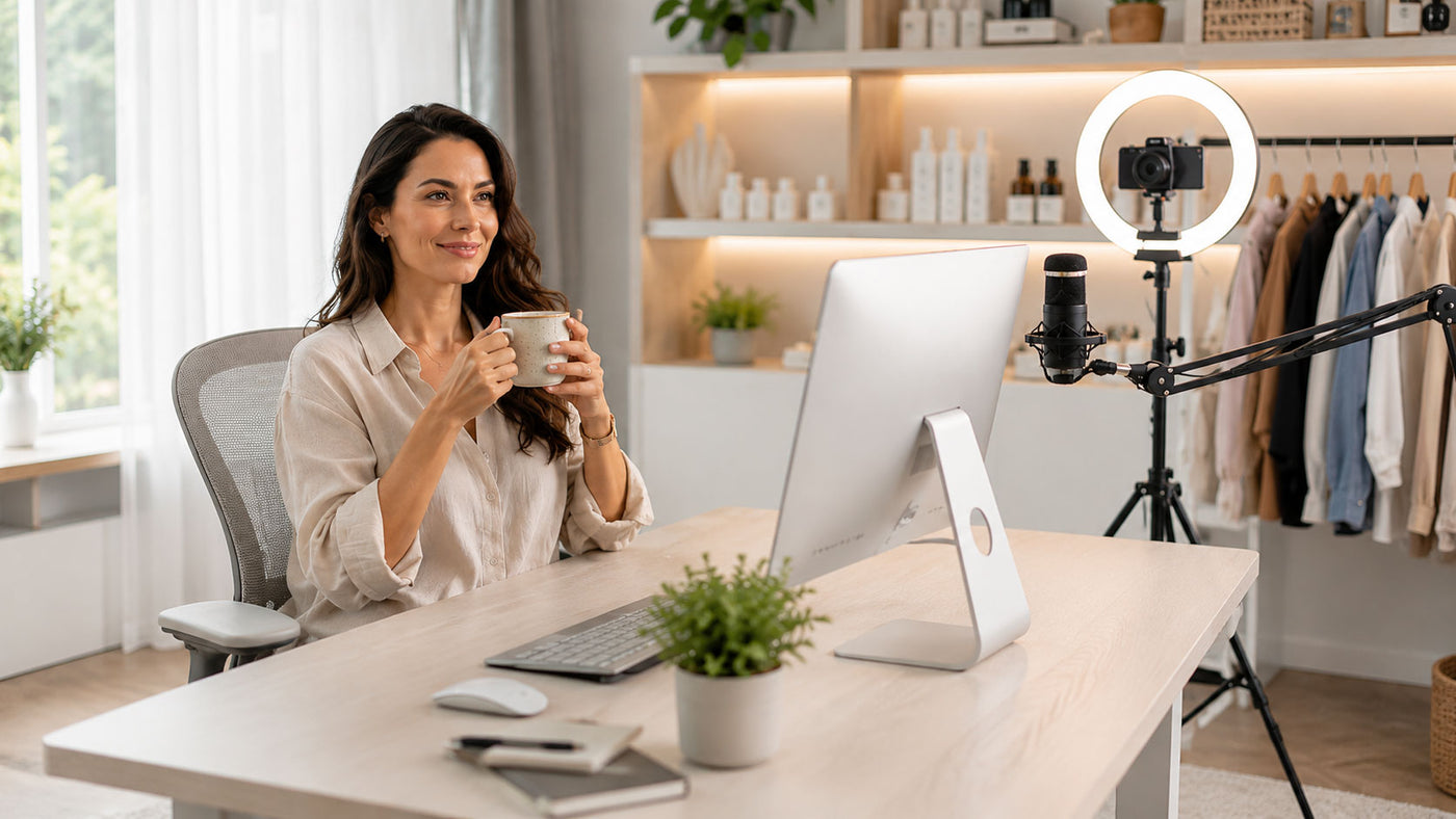 A calm online seller at her desk with a coffee